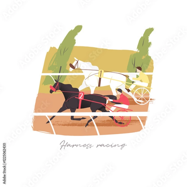 Obraz Harness racing vector illustration, two horses competing on a race track