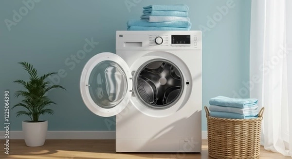 Fototapeta A bright and cozy laundry room featuring a modern white front loading washing machine with its door open