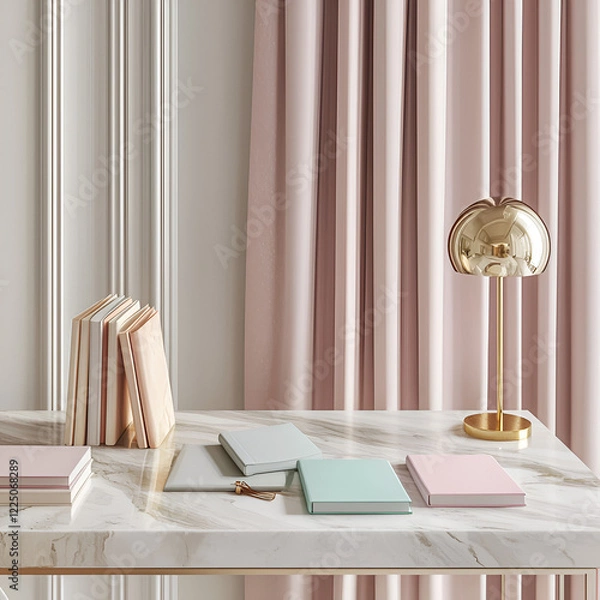 Fototapeta Pastel notebooks and a gold lamp on a marble desk, creating a serene and stylish workspace.