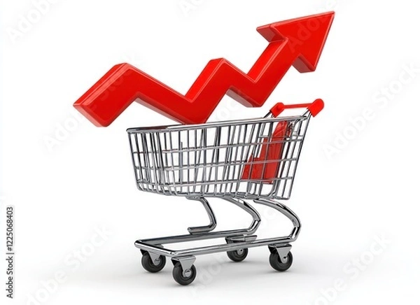 Fototapeta Shopping cart in 3D with a red upward arrow and graph, white backdrop.