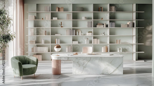 Fototapeta Serene home office with marble desk,  sage green accents, and ample built-in shelving.