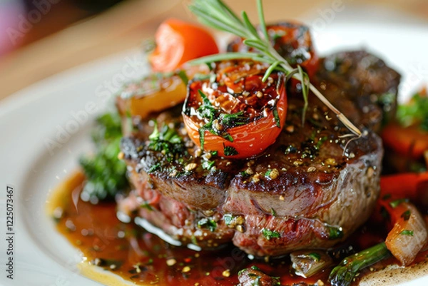 Obraz close up horizontal image of a beef dish served in a fine dining restaurant