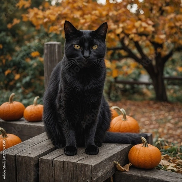 Fototapeta A black cat sitting on a wooden fence with pumpkins and fall leaves in the background.