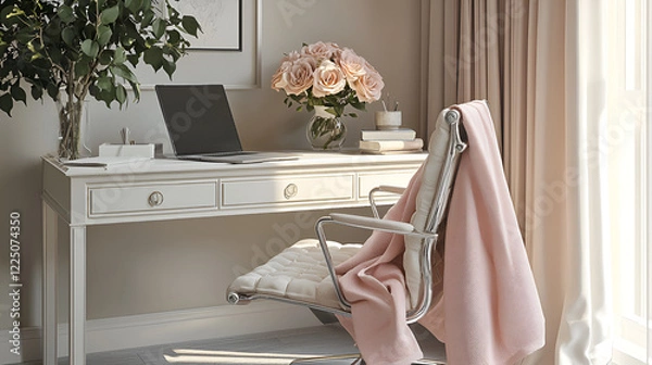 Fototapeta A bright and airy home office space, featuring a light-colored desk, comfortable chair, and a bouquet of roses.