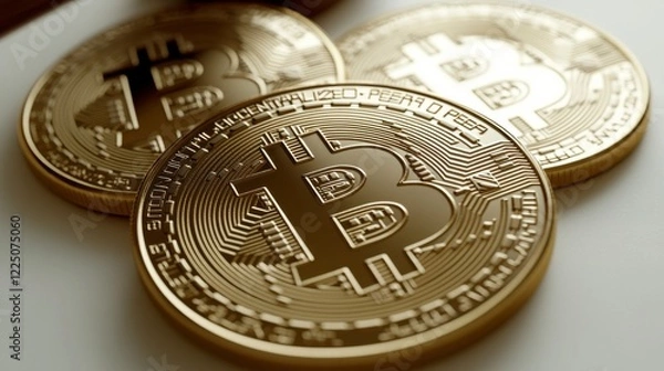 Fototapeta Close-up View of Gold Bitcoin Coins on a White Surface