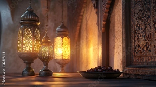 Fototapeta Stunning Ornate Lanterns and Plate of Dates in Warm Ambiance