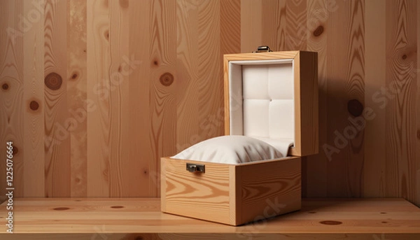 Fototapeta Elegant funeral urn box on polished wooden shelf, memorial remembrance
