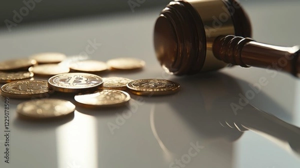 Fototapeta Justice and Wealth Concept with Gavel and Coins on Reflective Surface