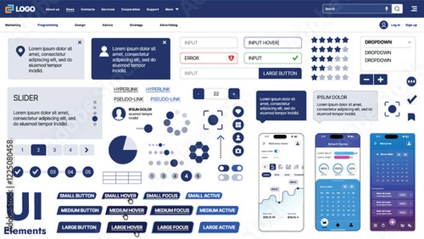 Fototapeta A modern UI kit featuring a collection of buttons, icons, navigation menus, and responsive design elements. Includes login forms, media players, search bars, and calendars, ideal for apps, websites