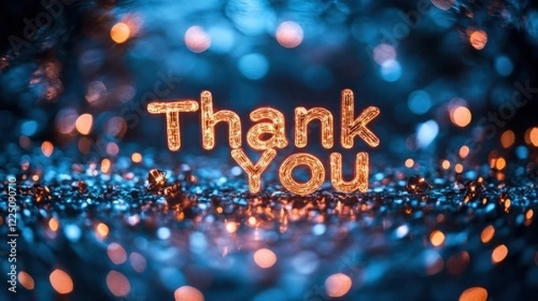 Obraz A clear and positive "Thank You" message on a peaceful blue background with radiant light beams shining across the text, creating a warm, inviting effect