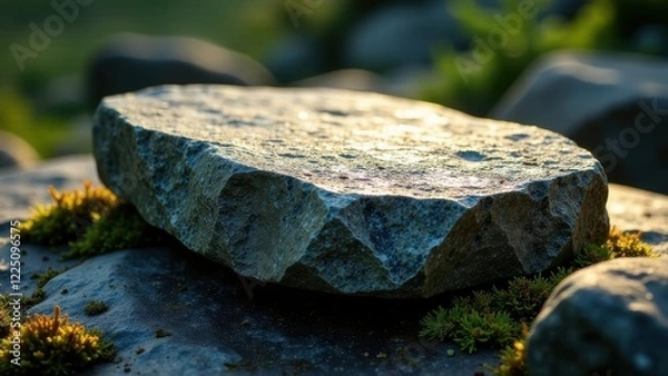 Fototapeta Sunlit Granite Slab Resting on Mossy Rocks in a Serene Natural Setting