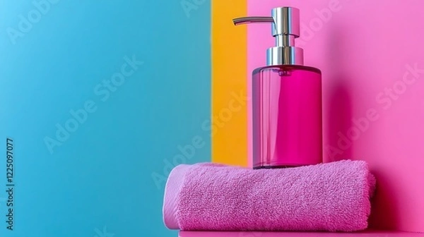 Fototapeta Brightly polished soap dispenser with gleaming towel isolated on a colorful background