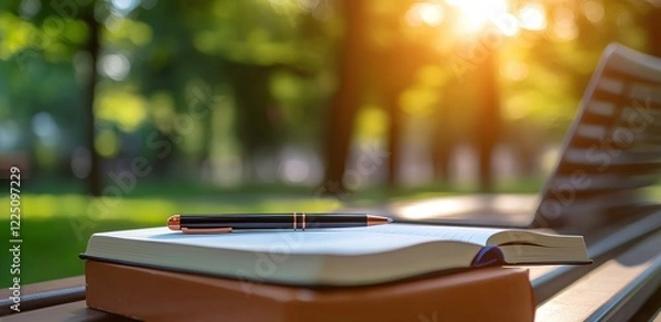 Fototapeta A notebook and pen on top of an open laptop, with blurred greenery in the  background