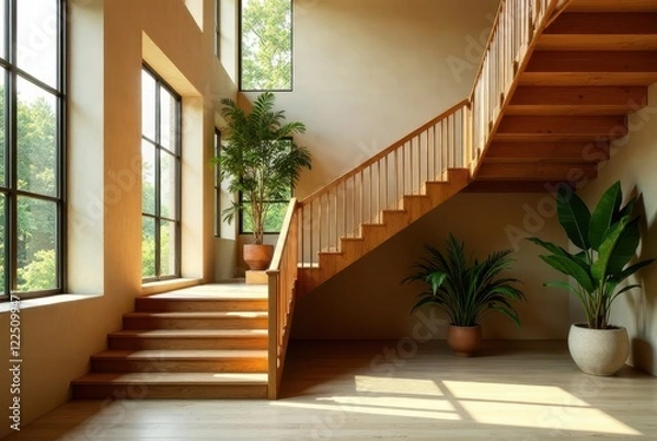 Fototapeta Sunlight streams through large windows illuminating a modern wooden staircase and potted plants in a minimalist interior