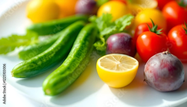 Fototapeta A close-up of a diverse selection of colorful fruits and vegetables, emphasizing freshness, variety, and natural vibrancy in a bountiful arrangement