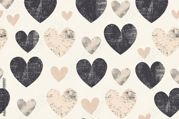 Fototapeta Decorative pattern featuring various heart shapes in muted colors on a light background, ideal for textiles