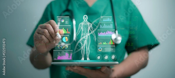 Fototapeta AI-powered medical analysis featuring a holographic human skeleton. A futuristic concept of intelligent healthcare monitoring and diagnosis