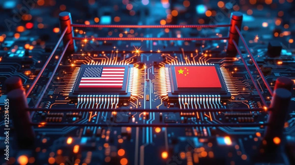 Fototapeta The AI Technology Race Visualized as a Boxing Ring with USA and China Computer Chips