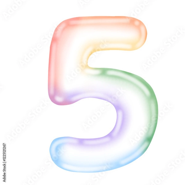 Fototapeta Transparent rainbow colored bubbles. Number five 5 isolated on white background.


