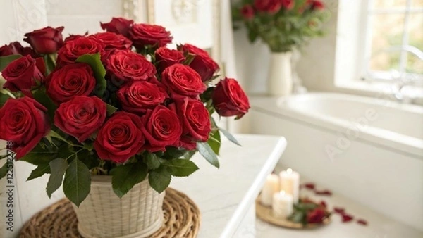 Fototapeta Freshly picked red roses fill the air with their sweet fragrance in this intimate sanctuary, bouquet, cozy retreat, floral arrangement