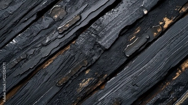 Fototapeta Dark charred wood planks with glistening water droplets and scattered grains of salt, creating a dramatic textural background. The diagonal
