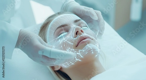 Fototapeta Advanced facial treatment with high-tech skin analysis dermatologist applying innovative technology for skin rejuvenation and health in a modern spa environment