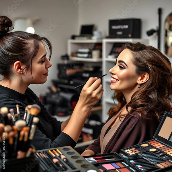 Fototapeta A skilled makeup artist applying flawless makeup to a client, surrounded by an array of high-quality brushes, palettes, and other professional tools.