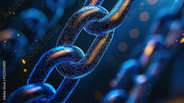 Fototapeta Digital chain link with circuit board pattern and glowing orange highlights on a dark blue background