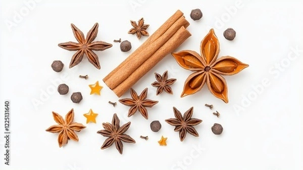 Fototapeta Colorful Arrangement of Spices with Cinnamon Sticks, Star Anise, and Cloves on White Background