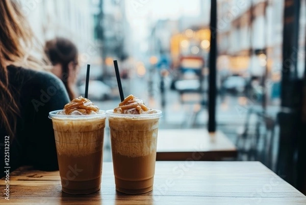 Fototapeta Two iced coffees with caramel topping on wooden table