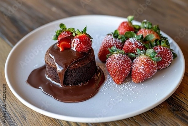 Fototapeta Decadent chocolate lava cake topped with fresh strawberries and powdered sugar on a rustic wooden table