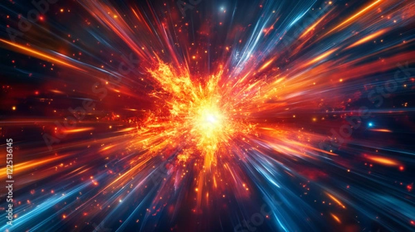 Fototapeta Fiery red and blue explosion in a dark void