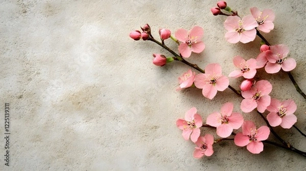 Fototapeta Delicate Pink Cherry Blossom Branch with Buds on Soft Background