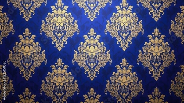 Obraz Seamless wallpaper design with sophisticated damask details in a royal blue and gold color scheme