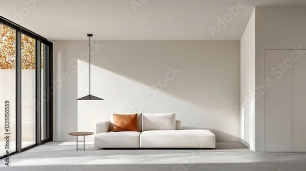 Fototapeta Modern minimalistic living room interior with large windows and natural light highlighting design