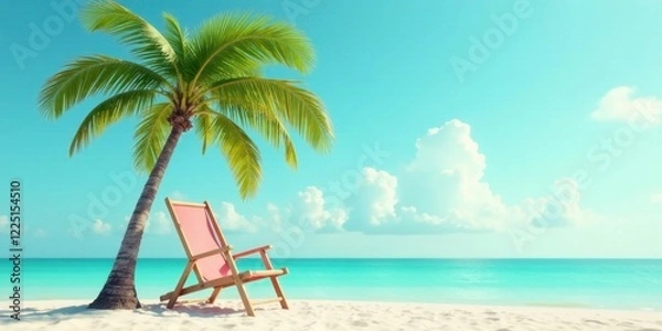 Fototapeta Serene Beachscape A Relaxing Tropical Paradise with a Comfortable Chair Underneath Lush Palm Tree on White Sand Beach and Azure Ocean