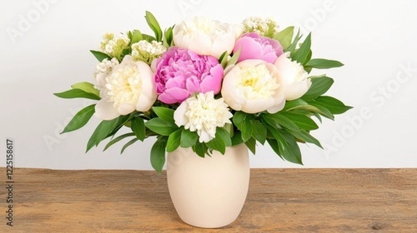Fototapeta Elegant peony and carnation bouquet in a vase on wooden table with minimalist background
