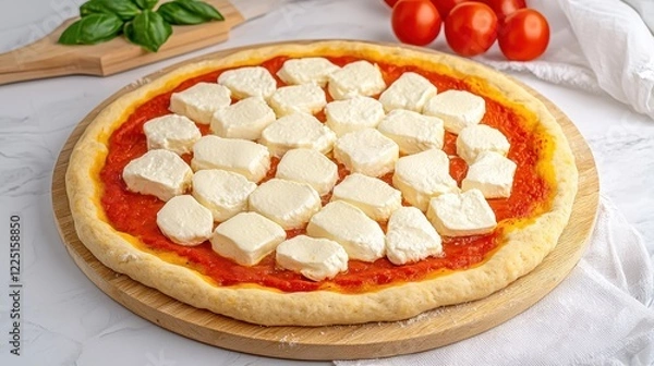 Fototapeta Fresh Pizza Preparation with Tomato Sauce and Mozzarella Cheese on Wooden Board
