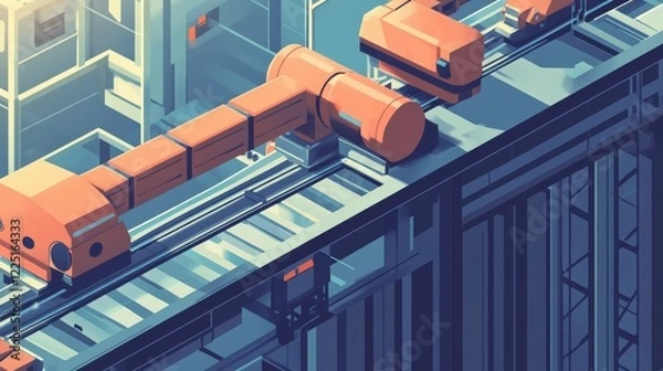 Fototapeta Futuristic robotic assembly line in a high-tech factory with automated machinery in action