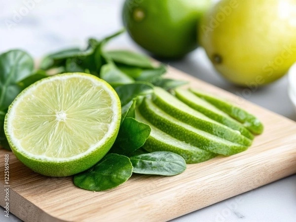 Fototapeta A lime is cut into slices and placed on a wooden cutting board