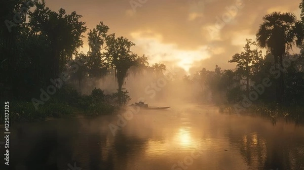 Fototapeta Misty sunrise over a tranquil swamp with a lone boat.