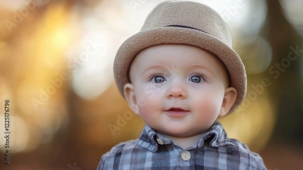 Fototapeta Child wearing a hat smiling outdoors in soft natural light with a blurred background and copy space for text