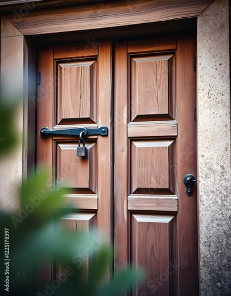 Fototapeta Old vintage door. Antique wooden door background with lock and handle on architecture, blurry foreground, with white tones