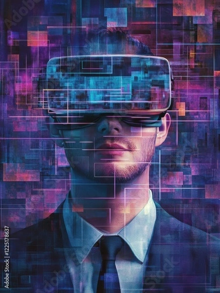 Fototapeta business, augmented reality and future technology concept - businessman in virtual headset and screen over abstract background