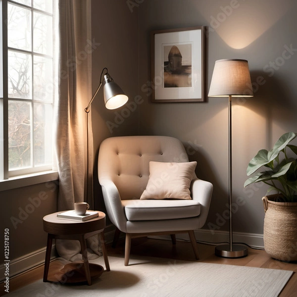Obraz Sunlit Corner – A cozy reading nook featuring a single lounge chair, a standing lamp, and a small side table in muted tones.