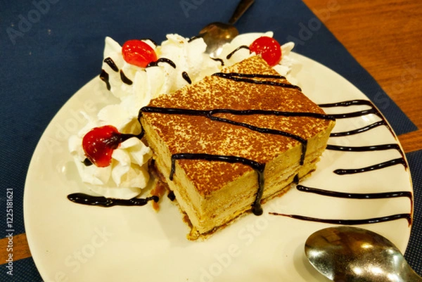 Fototapeta Decadent Tiramisu Dessert with Whipped Cream and Cherries for Gourmet Dining