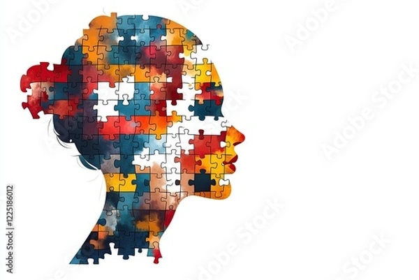 Fototapeta Colorful Puzzle Pieces Forming a Human Head: Symbolizing the Mind's Complexity