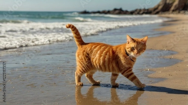 Fototapeta Ginger Cat Strolling on Sunny Beach: A Serene Coastal Scene