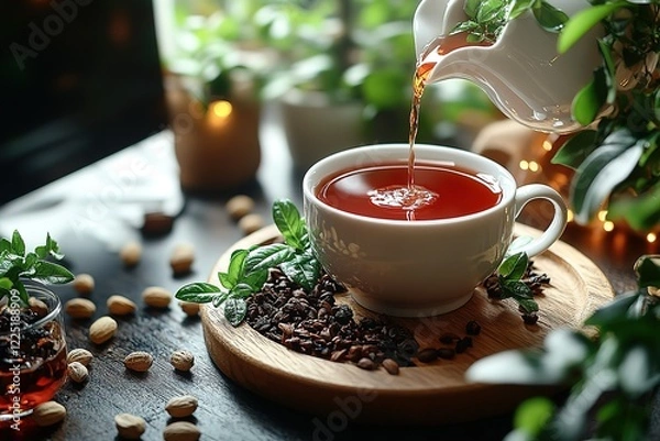 Fototapeta A cup of tea is being poured surrounded by tea leaves and nuts A relaxing and tranquil scene
