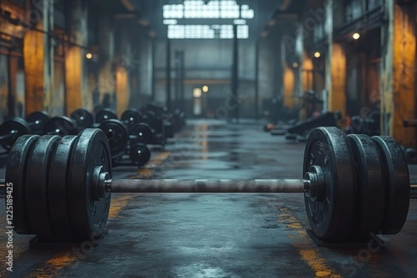 Fototapeta A heavy barbell rests on a wet floor in a dimly lit industrial gym Rows of weights line the walls